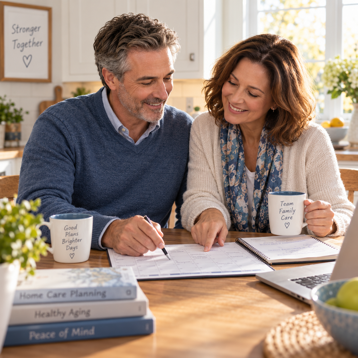 Two adult siblings coordinate a care schedule using a calendar and notebook at the kitchen table.