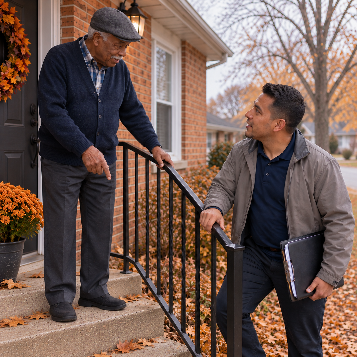 Home safety specialist testing a front step handrail with a senior homeowner before winter