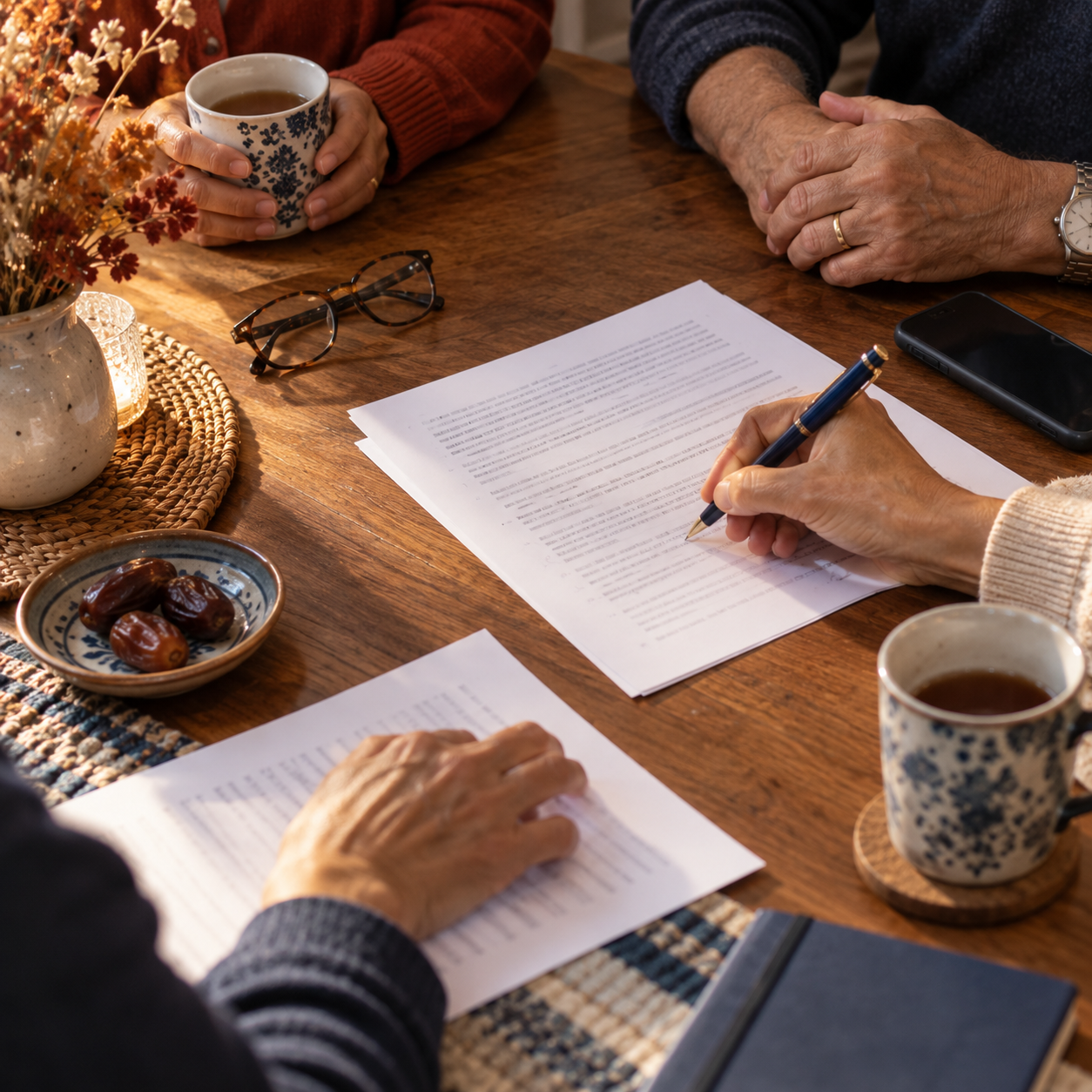 Close-up of hands writing down decisions and assigning tasks during a family care meeting